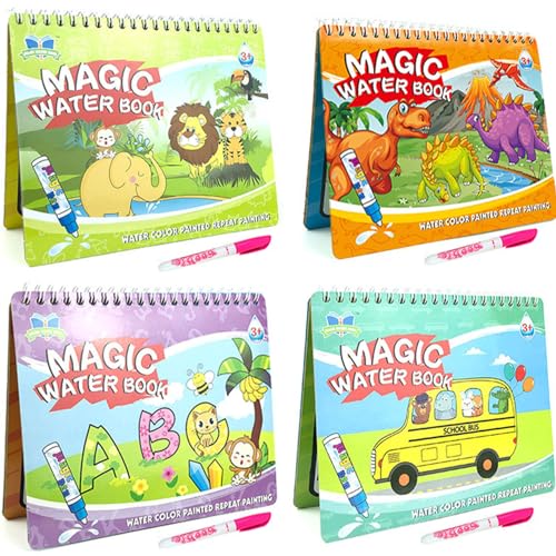 Kalastussaari 4pcs Wasser Malbuch wiederverwendbares sicheres Wasserfarbe Buch Tiere, Alphabete, Zahlen, Dinosaurier und Transportthemeninteraktives Farbmalbuch für Kinder, Wasser Malbuchbuch von Kalastussaari