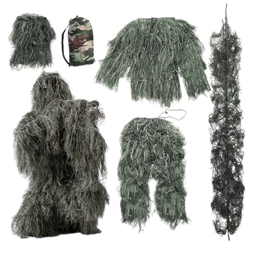 Kalastussaari 5 in 1 Ghillie -Anzug, 3D -Tarnjagdbekleidung, 5pcs Leichtes Gorilla -Kostüm, Camo -Jagdkleidung einschließlich Jacke, Hosen, Kapuze, Tragetasche (en) von Kalastussaari