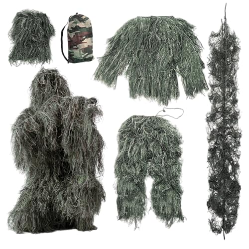 Kalastussaari 5 in 1 Ghillie -Anzug, 5pcs/Set Leichtes Gorilla -Kostüm, 3D -Tarnjagdbekleidung einschließlich Jacke, Hosen, Kapuze, Tragetasche für Kinder Erwachsene Jugend/M. von Kalastussaari