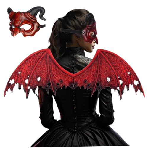 Kalastussaari Dämonmaske für Frauen, Red Devil Kostüm mit Halbgesicht Dragon Mask & Dragon Flügel, gruselige Halloween -Maske für Cosplay -Maskerade -Kostüm -Partyzubehör, Red Devil Kostüm von Kalastussaari