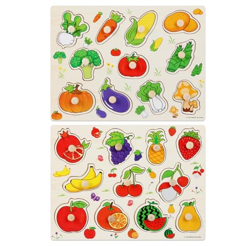 Kalastussaari Hölzerne peg rätsel, 2pcs farbenfrohe Frucht- und Gemüsestile Kleinkind -Rätsel, Vorschulbildung Lernpuzzlespielzeug für Mädchen und Jungens von Kalastussaari