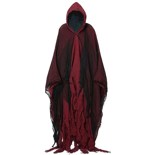 Kalastussaari Hooked Cloak Scary Halloween Shabby Lag Cloak mit schwarzem Tüll für Männer, Frauen Vintage mittelalterliche Renaissance -Umhang mit Motorhaube für die Bühne, Filmprop (Rot) von Kalastussaari