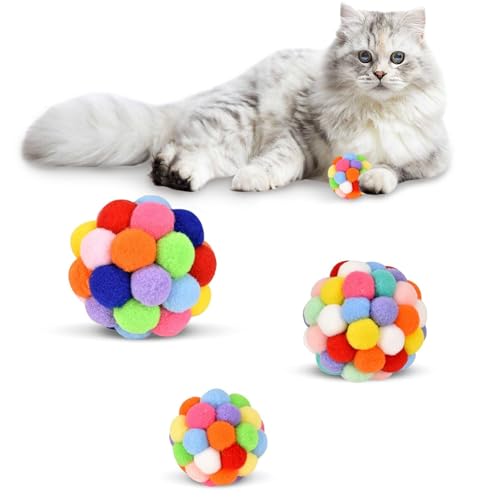 Kalastussaari Katzenspielzeugkugeln, 3pcs 3 Größen Soft Fuzzy Cat Pom Pom Pom Bälle eingebaute Glocke, farbenfrohe Katzen-Spielzeugkugeln, interaktives Spielen des Kauens Kätzchen-Katze Cat Ball Toy von Kalastussaari