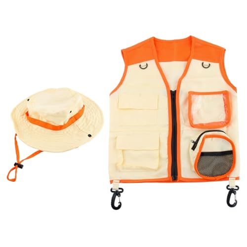 Kalastussaari Kinderkostüm, Weste und Hut mit Ferngläser, Kinderfischerei Abenteuer Campingwesten für Jungens Mädchen Kleinkind Outfit/Orange von Kalastussaari