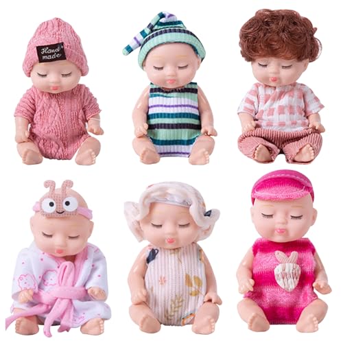 Kalastussaari Mini-Babypuppen, 6pcs Kleinse Mini-wiedergeborene Babys mit schläfrigem Gesicht, bewegliche Gelenke und Dress-up-Spiel für Mädchen Kinder, Geburtstag Babyparty Weihnachtsfeier Geschenke von Kalastussaari