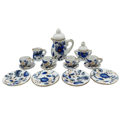 Kalastussaari Mini -Tee -Set (15 Prozent), Blue Vine Ceramics Tee Tasse Set, 1:12 Puppenhaus -Miniatur -Tee -Set, Elegantes Puppenhaus -Küchenzubehör tun Spielzeug für Kinder Miniatur Küchenset von Kalastussaari