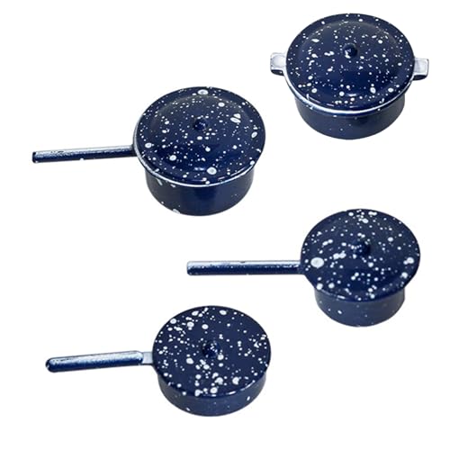 Kalastussaari Mini -Töpfe und Pfannen mit Deckel 4pcs 1/12 Maßstab Accessoires Dotted Tiny Kochset Alloy Dollhouse Kitchen -Zubehör für das Play Blue Tiny Kochset von Kalastussaari