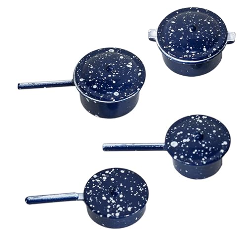 Kalastussaari Mini -Töpfe und Pfannen mit Deckel 4pcs 1/12 Maßstab Accessoires Dotted Tiny Kochset Alloy Dollhouse Küchenzubehör für das Spielen Blue Miniature Küchenset von Kalastussaari