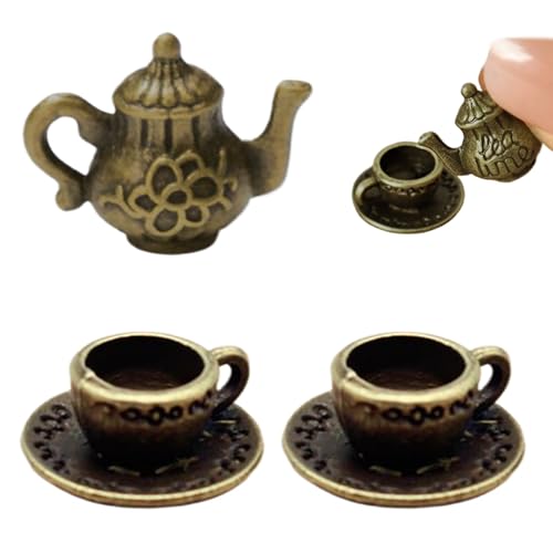 Kalastussaari Miniature Teetasse Set 1/12 Skala Vintage Dollhouse Teekanne winzige Teebassen, einfache zarte winzige Legierungs -Teetassen Set für Dollhouse Kitchen Accessoires von Kalastussaari