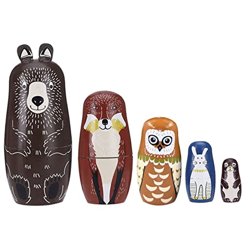 Kalastussaari Russische Matryoshka hölzerne Cartoon tiernistpuppen braunbär sea owl Kaninchen Waschbär 5 Schichten russische Puppe Set Style2 Braun Bären Nistpuppen von Kalastussaari