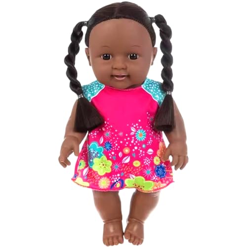 Kalastussaari Schwarzes Babypuppenspielzeug, 12 Zoll African American Babypuppen mit Kleid, beweglicher Gelenk und doppelter Pferdeschwanzgeflecht dunkle Haut Babypuppe für Kindergeschenke von Kalastussaari