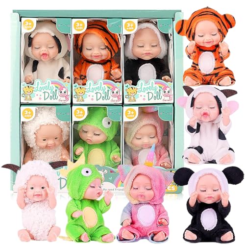 Mini -Babypuppen 6PCs Schläfrige Gesicht beweglicher Joint Little Babypuppen mit unterschiedlichen Kleidern auf 4x2 -Zoll realistisch und entzückend PVC Tiny Babypuppe, Geschenke für Mädchen kleine B von Kalastussaari