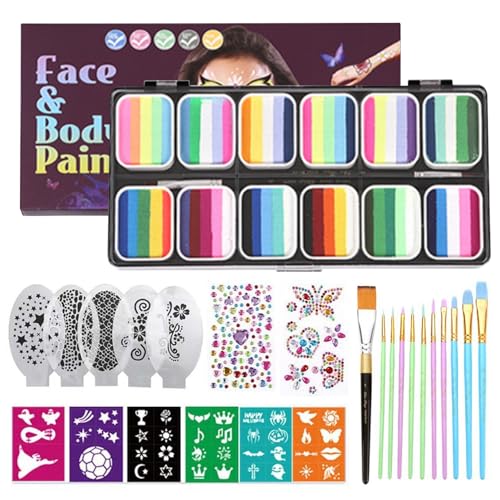 Schminken -Kit, 12 Split Cake Palettes Facepaint Make -up -Kit mit Schablonen Pinselaufklebern, Regenbogen ungiftiger Gesichtsfarbe Körperfarbe für Kinder Erwachsene, Halloween, Karnevals -Schmackere von Kalastussaari