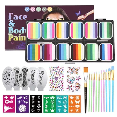 Schminken -Kit, 12 Split Cake Palettes Facepaint Make -up -Kit mit Schablonen Pinselaufklebern, Regenbogen ungiftiger Gesichtsfarbe Körperfarbe für Kinder Erwachsene, Halloween, Karnevalsgesichtsfarb von Kalastussaari