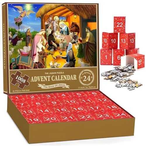 Weihnachtsab Adventskalender 2024, 1008 Stücke Puzzle, 24 Tage die Geburt des COUNDDOWN -Kalenders Jesu, Krippe Adventskalender Rätsel für Erwachsene Kinder Jigsaw Puzzle von Kalastussaari