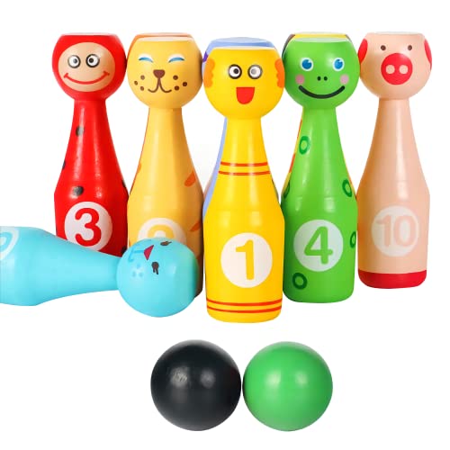 KanCai Bowling Kinder Holzspielzeug Kegelspiel Für Kinder Groß Bowlingset Mit 10 Kegeln Und 2 Bowlingkugeln Aus Holz Spielzeug Stapeln Blöcke Für Kinder von KanCai