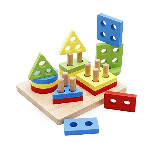 KanCai Holz Sortier und Stapelspielzeug, Farben und Formen Puzzle Stapler Spiel, Geometrische Stacking Montessori Early Educational Spielzeug für 2 3 4 5 6 Jungen und Mädchen von KanCai