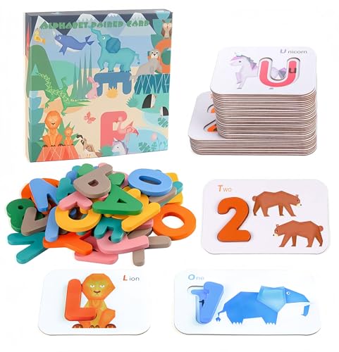 KanCai Rechtschreibung Lernspielzeug Holz ABC Alphabet 1-10 Nummern Karteikarten Matching Shape Letter Games Montessori Vorschule Lerngeschenk Spielzeug für 2 3 4 5 6 Jahren Kleinkinder Kinder von KanCai