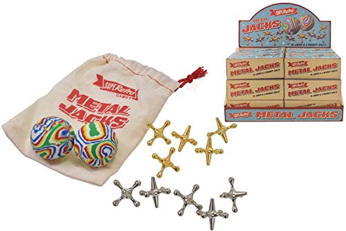 KandyToys Superetro Traditionelles Metal Jacks Spiel, komplettes Set + Reisetasche, Knucklebones Fivestones klassisches Spiel von KandyToys