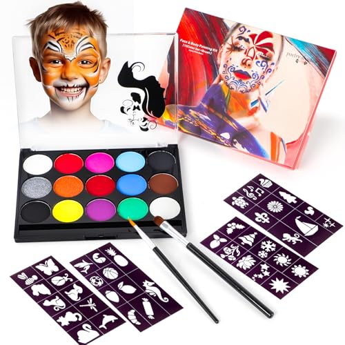 Kinderschminke - 15 Farben Kinderschminken Set - Waschbar Face Paint Bodypaint mit 2 Pinseln und 32 Tattoos Make Up Theaterschminke für Halloween Fasching Karneval von Kangtaixin