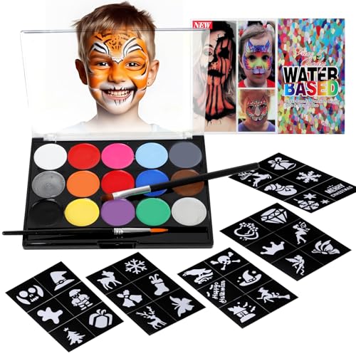 Kinderschminke Set - 15 Farben Schminkpalette, 30 Tattoo-Schablonen, 2 Profi-Pinsel, Face & Body Paint für Kinder und Erwachsene, Hautfreundlich & Leicht abwaschbar für Karneval, Halloween von Kangtaixin