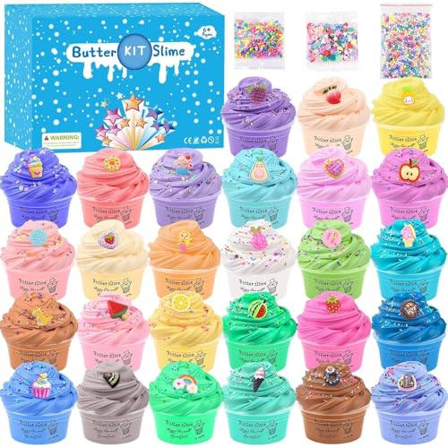 Fluffy Butter Slime Making Kit, 27 Pack, with Candy Ice Cream Fruit Etc, Cheap Charms Scented Slime Bulk for Kids Party Favor, Stress Relief Toy for Girls and Boys 6-12, Soft and Stretch, Bag Fillers von Kaoerdce