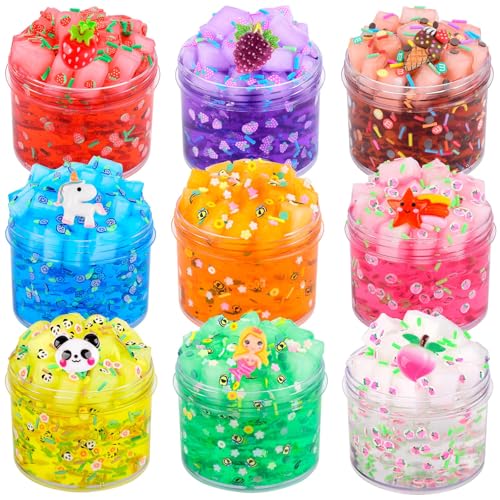 9 Pack Jelly Cube Fluffy Slime Kit Party Favor, Crunchy Clear Glitter Crystal Slime for Girls and Boys, DIY Birthday Boba Glimmer Slime for Kids, Cute Charms Soft Non-Stick Stress Relief Slime Toys von Kaoerdce