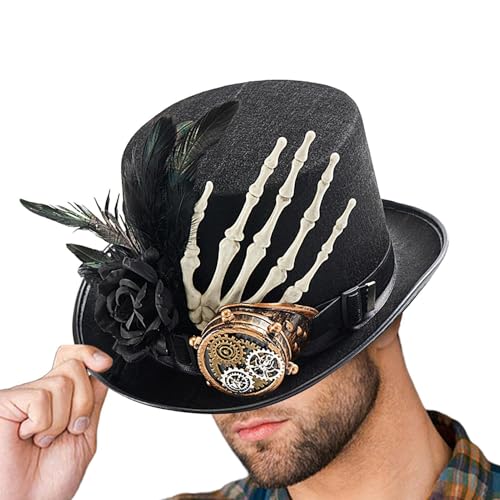 Kapaunn Vintage Zylinder, Steam Punk Hut - Skelett Hand Vintage Zylinder,Gothic-Kostüme mit Blumen, schwarze Kostüme für Festivals, Halloween von Kapaunn