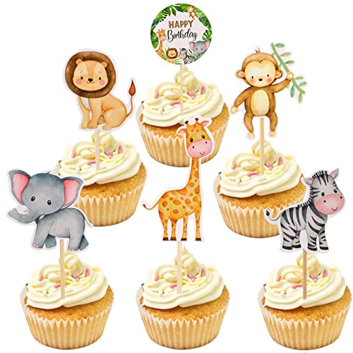 36 Stücke Cupcake Toppers, Cake Toppers Zoo Kuchen Deko Junge Happy Birthday Cake Topper Geburtstag Tortendeko Junge Kuchendeko Tiere Happy Birthday Cake Decoration Muffin Deko Geburtstag für Kinder von Karjiaja