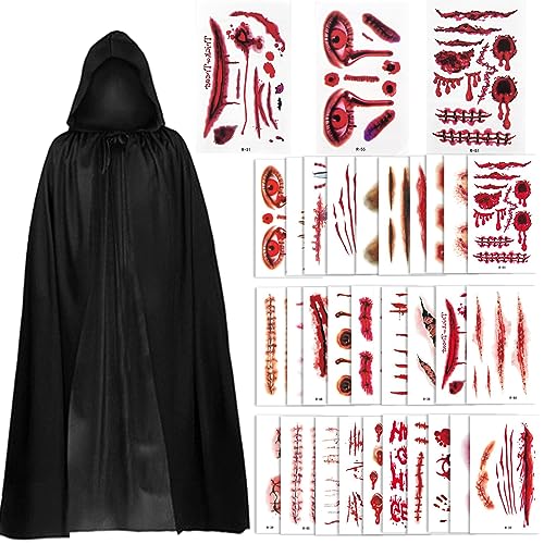 Halloween Umhang mit Kapuze Schwarz Vampir Kostüm mit 30 Halloween Narben Tattoos Darth Vader Kapuzenumhang Mittelalter Umhang Cape Mantel Satin Karneval Umhang Jedi Halloween Kostüm Erwachsene Unisex von Karjiaja