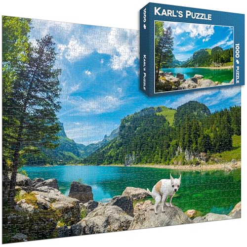 Scherzpuzzle Geschenk Bergsee Schweiz - 1000 Teile Puzzle mit falschem Kartonmotiv als lustige Geschenkidee, Scherzartikel oder Scherzgeschenk von Karl's Puzzle