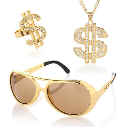 KarneLux Dollar Accessoires 3er Set - 80er Jahre Herren Gangster Hip Hop Zubehör - Brille, Ring und Sonnebrille für Fasching oder Karneval von KarneLux