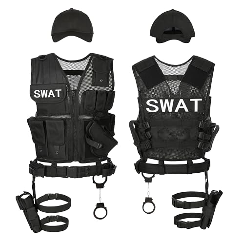 KarneLux Einsatzweste 4in1 SWAT, POLICE, FBI oder UNDERCOVER - Kostüm für Herren und Damen, inkl. Pistolenholster, Gürtel, Handschellen und Cap für Survival, Karneval, Fasching oder Halloween (XL-XXL) von KarneLux