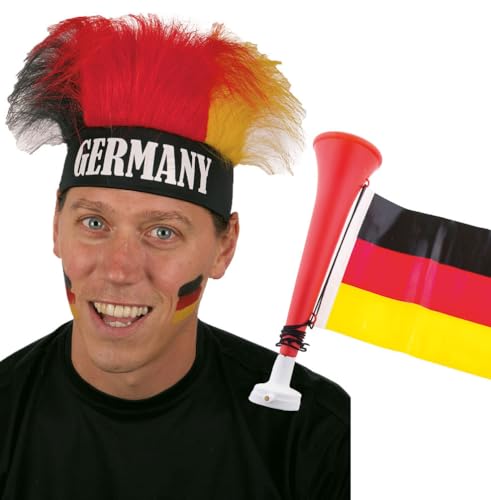 Fußball Klamotten Tröte Fan Fußball-Tröte mit Deutschland Flagge und Perücke Deutschland Fan-Artikel schwarz rot Gold EM WM Herren Fußball Deutschland von Karneval-Klamotten