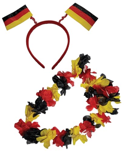 Karneval-Klamotten Haarreif Deutschland Farben Damen Herren mit 2 Flaggen Deutschland Fan-Haarreif mit Hawaiikette EM WM Herren Fußball von Karneval-Klamotten