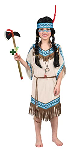 Karneval-Klamotten Indianer Kostüm Kinder Mädchen Indianerin Kostüm Mädchen-Kostüm Squaw Pocahontas beige blau mit Tomahawk von Karneval-Klamotten