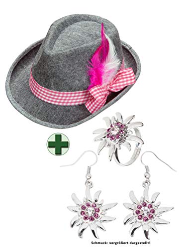 Karneval-Klamotten Oktoberfest Hut Bayern Tirolerhut grau rosa Seppelhut Damen INKL Ring und Ohrringe Edelweiß Oktoberfest Karneval von Karneval-Klamotten