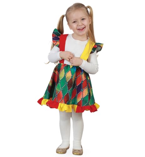 KarnevalsTeufel Buntes Kinder Trägerrock Kostüm, knielang, mehrfarbig, Klettverschluss, Rüschen, Clownskostüm, verschiedene Größen (104) von KarnevalsTeufel.de