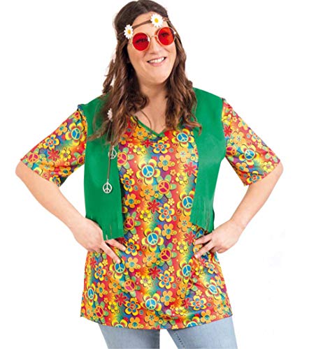 KarnevalsTeufel Damenkostüm-Set Hippie 3-teilig Oberteil Haarband und Brille Starke Outfits große Größen Peace Flower-Power (50) von KarnevalsTeufel.de