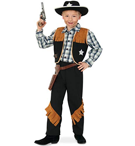 KarnevalsTeufel Kinderkostüm-Set Sheriff, 5-tlg. Weste, Hose, Cowboyhut, Revolvergürtel und Spielzeug-Revolver | Größen 104-152 | Cowboy, Wilder Westen, Karneval (152) von KarnevalsTeufel.de