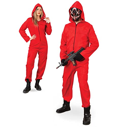 KarnevalsTeufel Overall Rot Aufseher Anzug Rot Karnevalskostüm Jumpsuit für Erwachsene Verkleidung Spieler Mit Kapuze und Reißverschluss, inklusive Gürtel (L) von KarnevalsTeufel.de