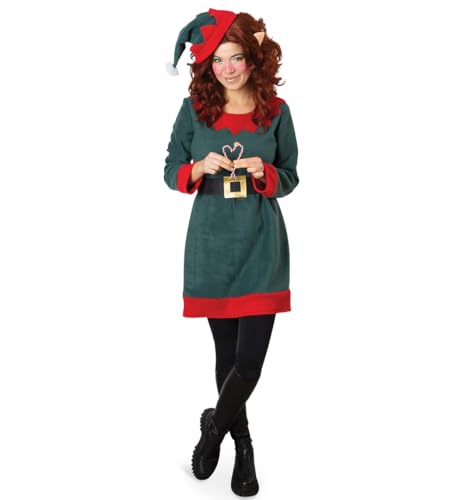 KarnevalsTeufel Weihnachtself Kostüm Damen 3-teiliges Set mit Kleid, Gürtel und Mütze | Lustiges Elf-Kostüm für Weihnachten und Fasching, weiches Fleece (40) von KarnevalsTeufel.de