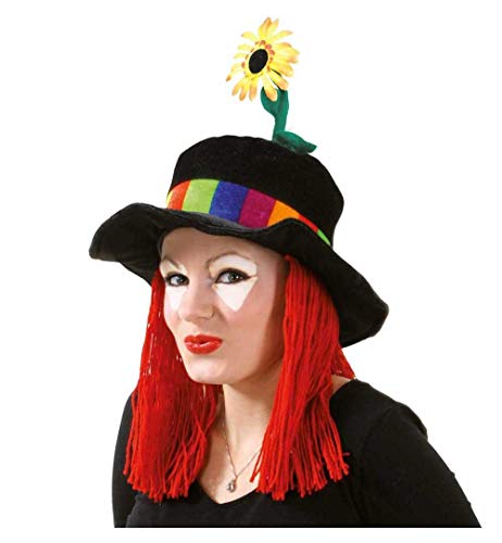 KarnevalsTeufel.de Hut mit Haar und Blume, Gr. 58 cm, Accessoire, schwarz, Regenbogen-Rand, Sonnenblume von KarnevalsTeufel.de