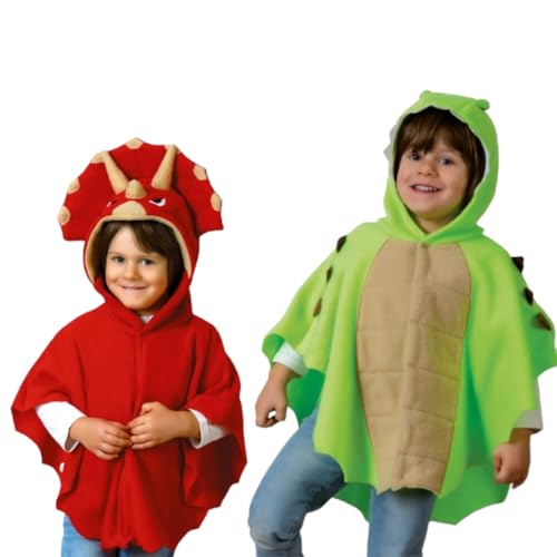 KarnevalsTeufel.de Kinder Dinosaurier Kostüme – Weicher Poncho mit Kapuze, Triceratops oder Drache – Perfekt für kreatives Spielen Überwurf Dino (Grün, 98) von KarnevalsTeufel.de