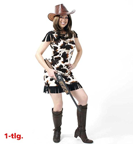 Karnevalsteufel Damenkostüm Cowgirl Sally kurzes Kleid in weiß mit braun-schwarzem Kuhflecken-Muster und Fransen an Rock und Schultern Cowgirl Wilder Westen (38) von KarnevalsTeufel.de