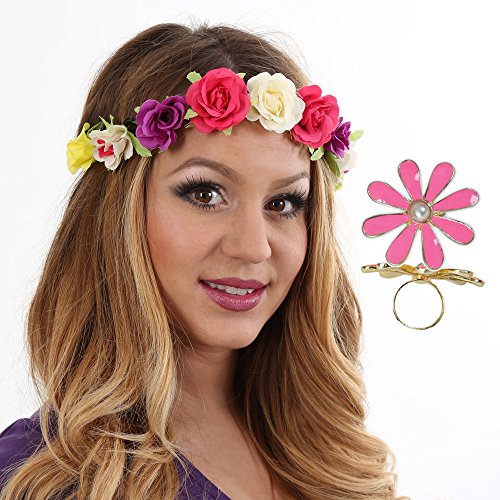 KarnevalsTeufel Kostüm Accessoire bunt Hippie-Set Haarband und Ring Flowerpower Einheitsgröße 1 Set 2 Teile von KarnevalsTeufel.de