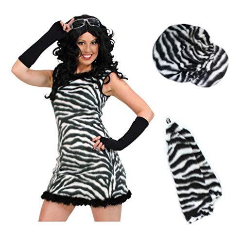 KarnevalsTeufel Damenkostüm - Set Zebra, 3-TLG. Kleid, Mütze und Handschuhe | Größen 36-42 | Plüsch, Tierkostüm, Karneval, Mottoparty (42) von KarnevalsTeufel.de