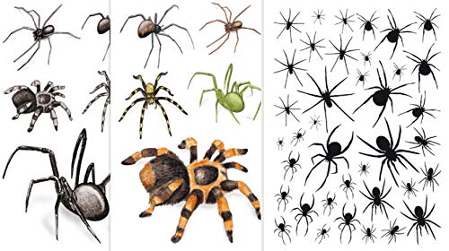 KarnevalsTeufel Hautaufkleber Spinnen Spider Tattoos Gruseldeko Horror Sticker Abziehbilder Klebe-Tattoos 3 Bögen Versch. Motive von KarnevalsTeufel.de