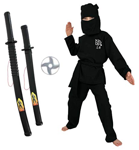 KarnevalsTeufel Kinderkostüm-Set Ninja Langarm 4-teilig Kostüm in schwarz, rot oder grün mit Wurfscheibe und 2 Spielzeug-Schwertern in schwarz (Schwarz, 128) von KarnevalsTeufel.de