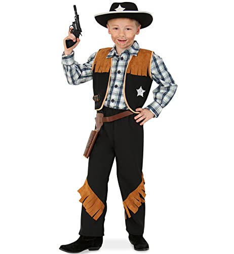 KarnevalsTeufel Kinderkostüm-Set Sheriff, 5-tlg. Weste, Hose, Cowboyhut, Revolvergürtel und Spielzeug-Revolver | Größen 104-152 | Cowboy, Wilder Westen, Karneval (140) von KarnevalsTeufel.de